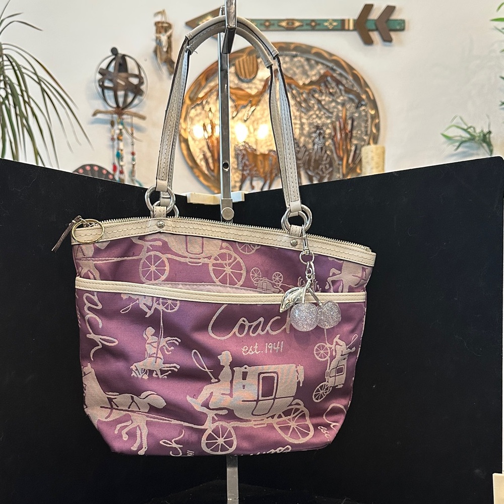 Coach 2009 Purple Signature Carriage Print Tote with Metallic Cream Trim
